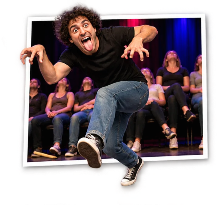 A volunteer becoming a dinosaur on stage