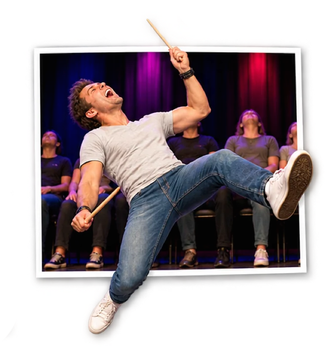 A volunteer having fun as an imaginary drummer